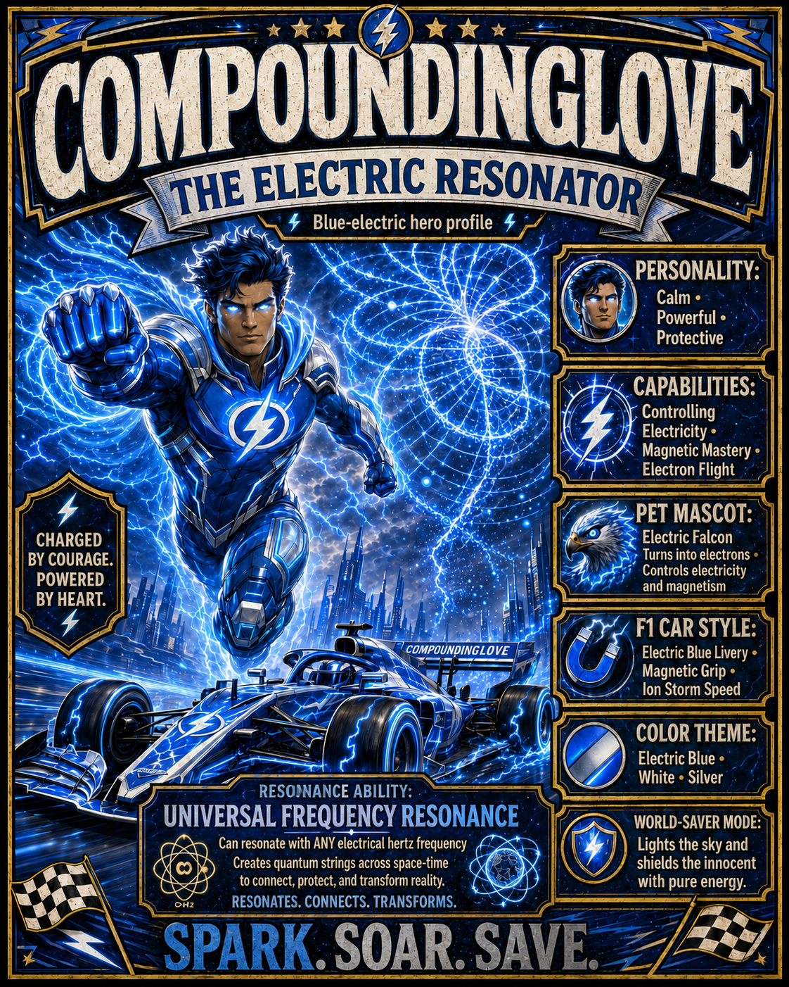 Electric Resonator superhero card with blue energy and race car