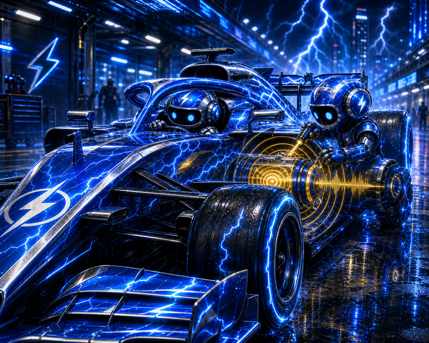 Two Electric Resonator bots around a racecar resonance module